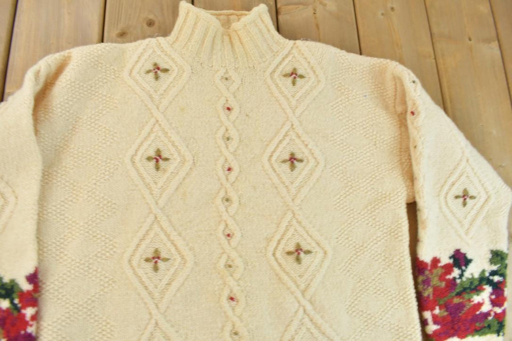 Vintage 1990s LL Bean Floral Pattern Knit Sweater / Vintage 90s / Outdoorsman / Vintage Knit / Mock Neck / Pure Wool