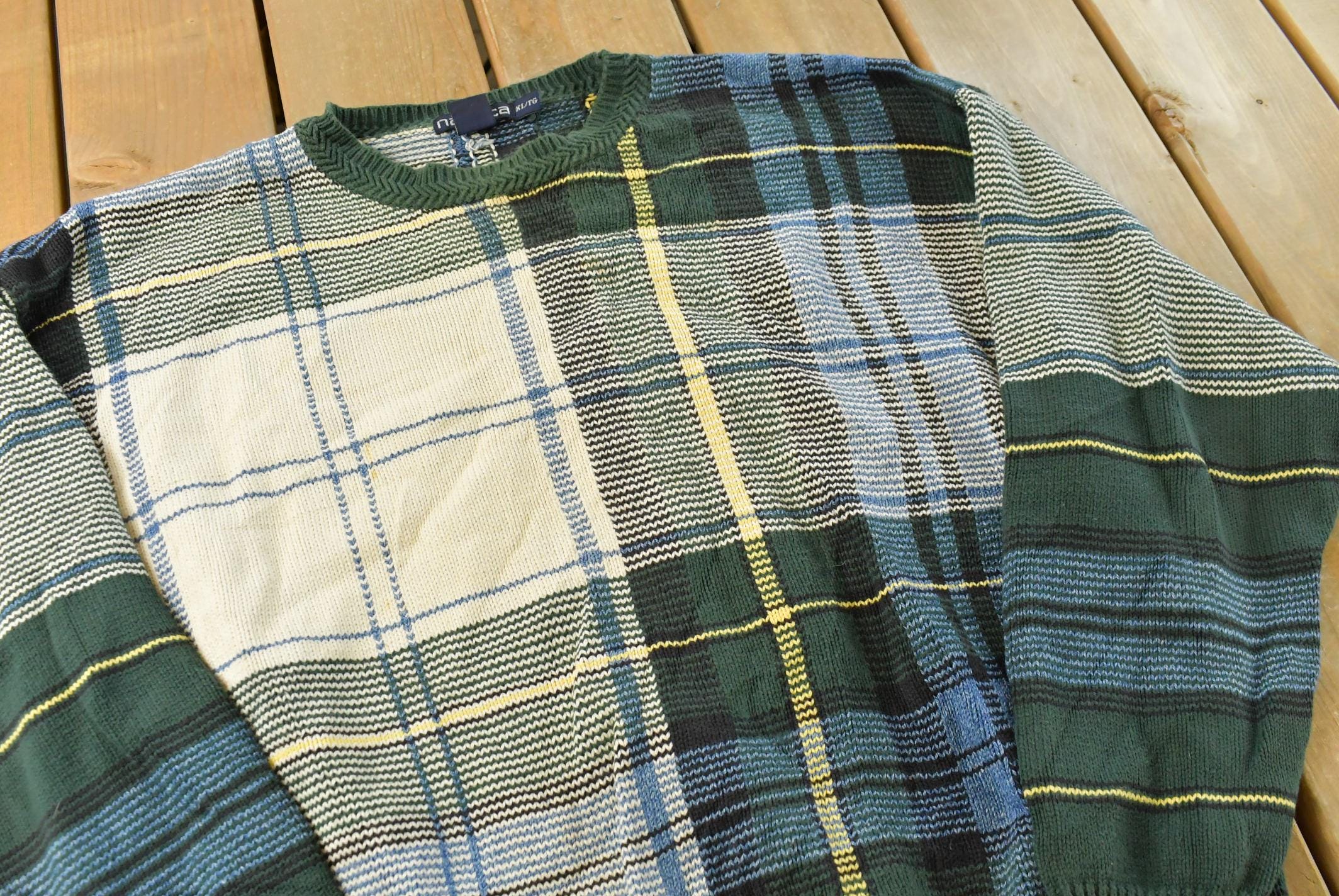 Vintage 1990s Nautica Color Block Plaid Knitted Crewneck Sweater Mens L / Vintage 90s Crewneck / All Over Pattern / Made in Hong Kong