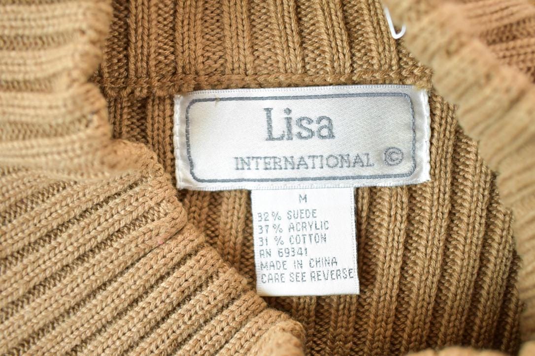 Vintage 1980s Lisa International Knit Abstract Pattern Suede Patch Crewneck Sweater Mens S