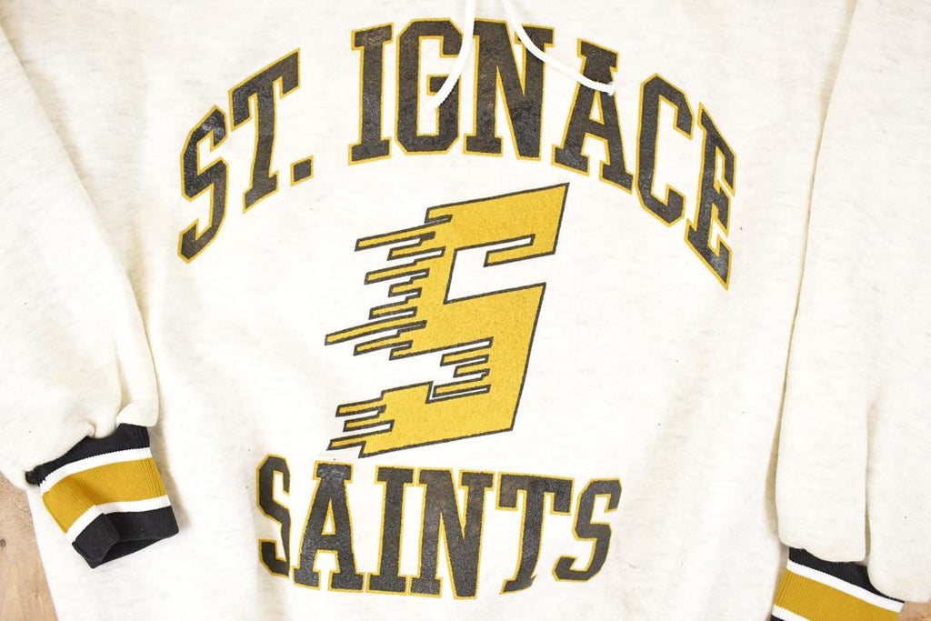 Vintage 1990s Fleece Tech St Ignace Saints University Tie Up Crewneck Sweater Men's XL