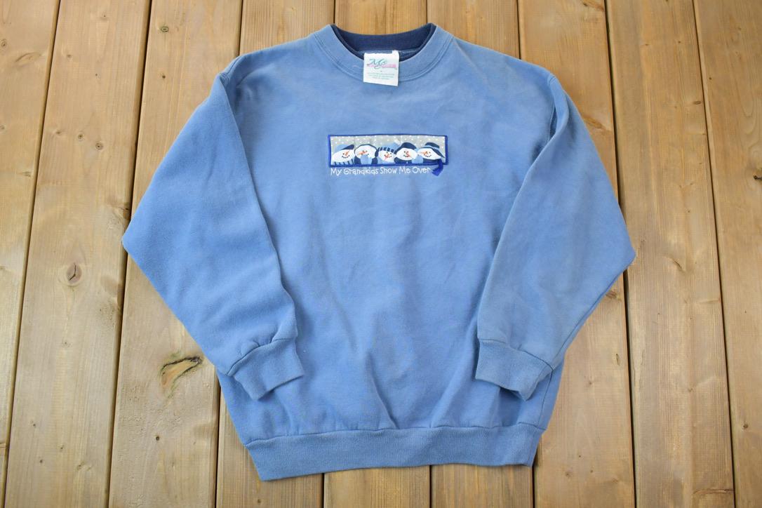 Vintage 1990s Cute Grandkids and Snowman Double Collared Christmas Crewneck Sweater