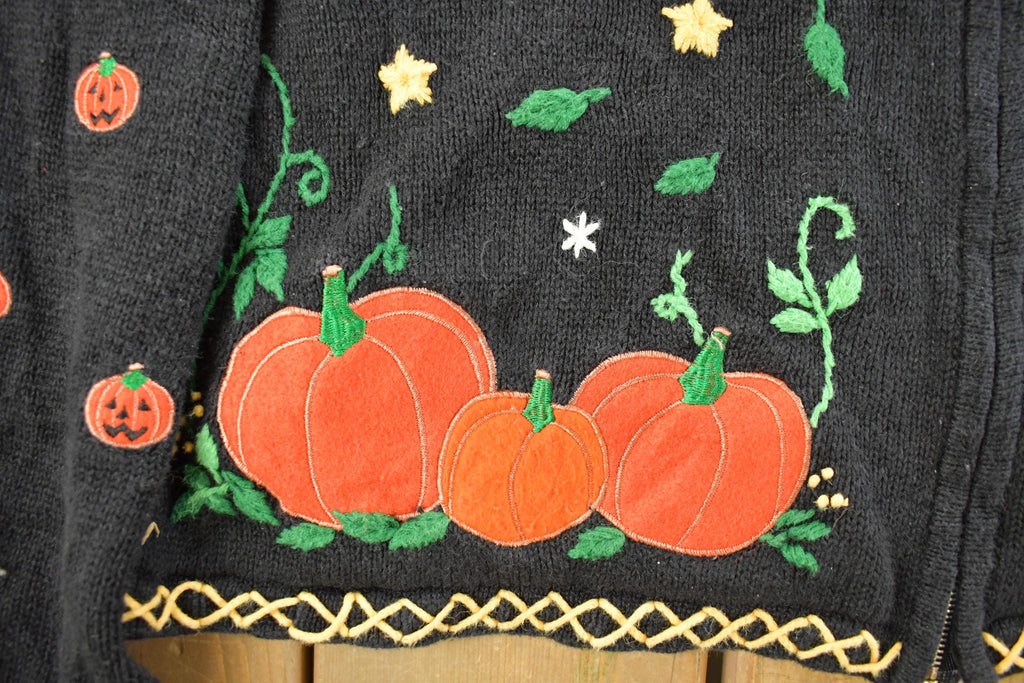 Vintage 1990s Studio Boo Patchwork Embroidered Full Zip Knit Sweater Women's Large