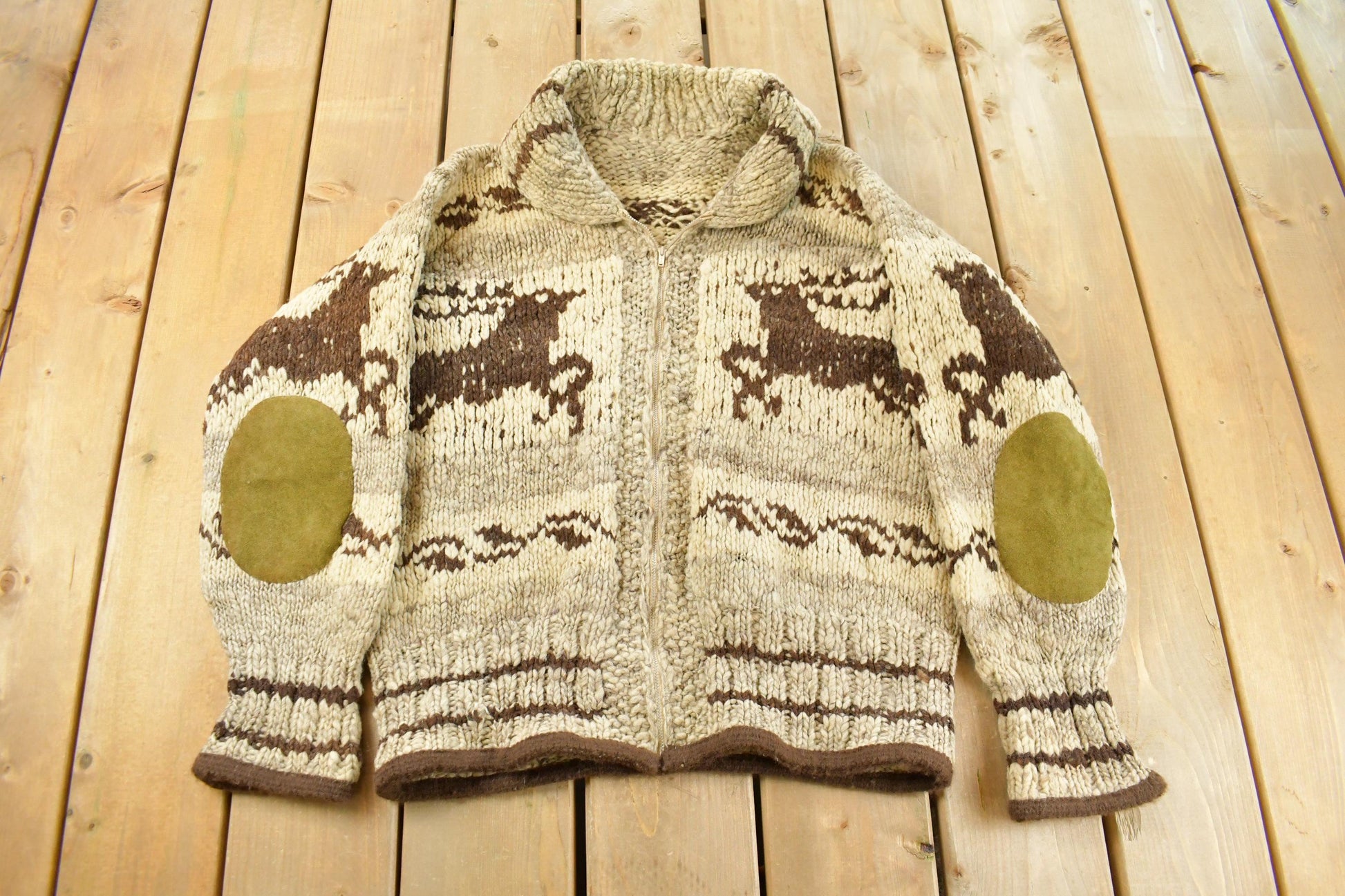 Vintage 1970s Reindeer Full Zip Hand Knit Cowichan Sweater Men's Medium