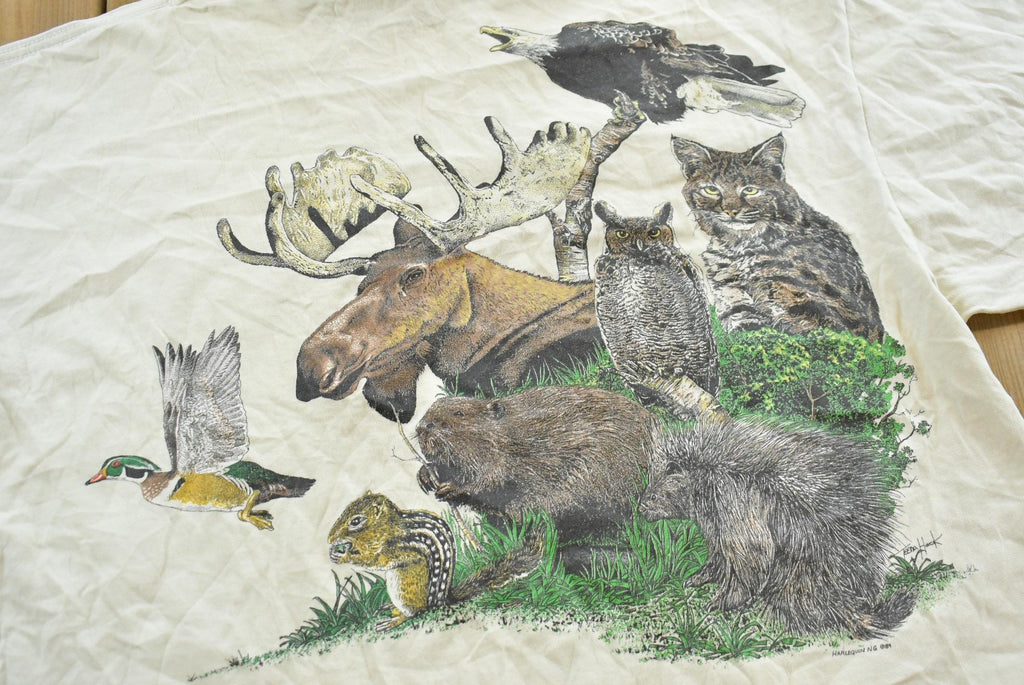 Vintage 1989 Harlequin Forest Animals Nature T-Shirt Men's XL