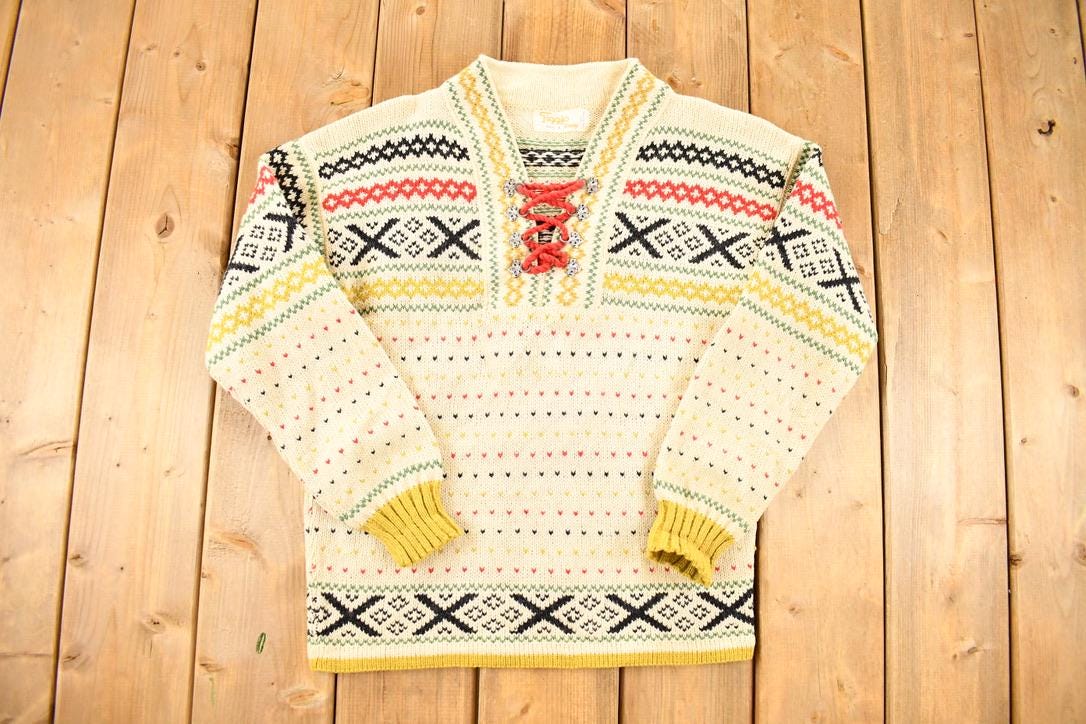 Vintage 1970s Figgjo Made In Norway Knit Abstract Pattern Crewneck Sweater Mens S