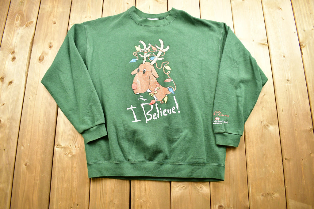 Vintage 1990s Christmas Reindeer Lee Sweater , 90s Holiday Crewneck , I Believe! , Winter Wear , Festive Graphic , Made In USA