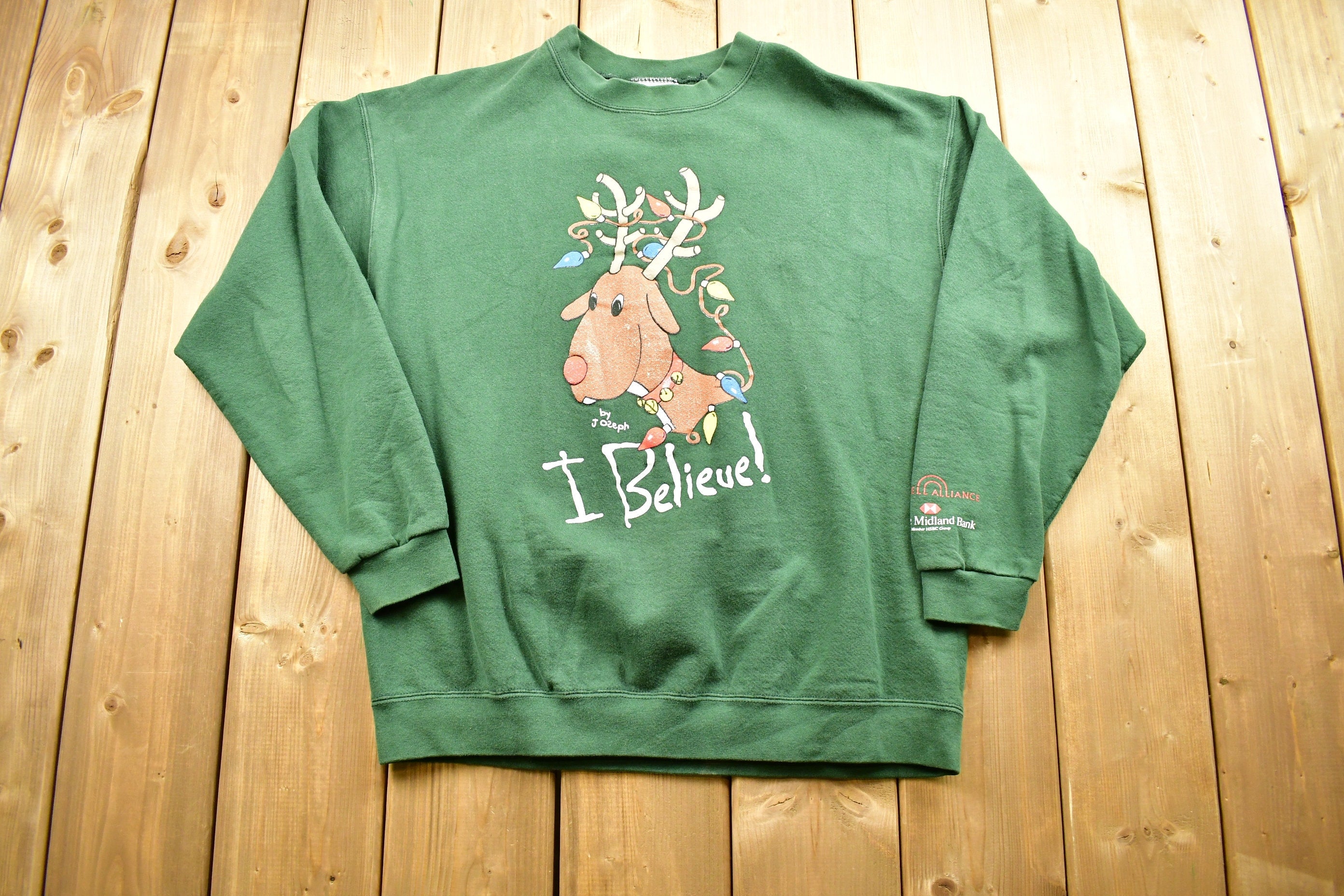 Vintage 1990s Christmas Reindeer Lee Sweater , 90s Holiday Crewneck , I Believe! , Winter Wear , Festive Graphic , Made In USA