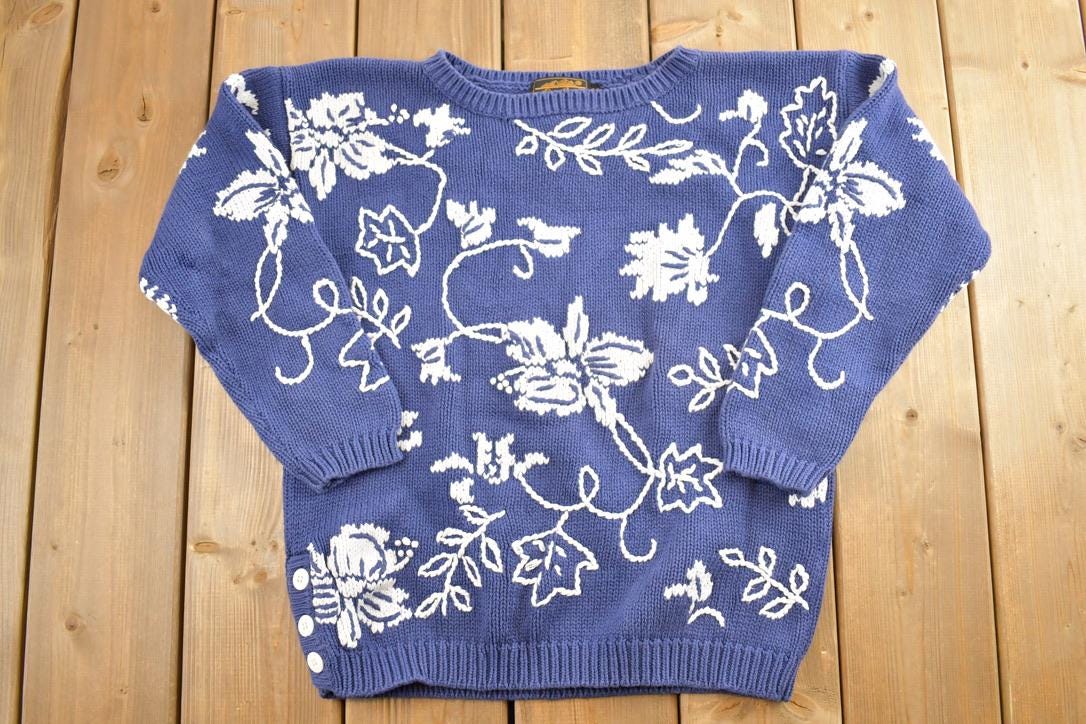 Vintage 1990s Eddie Bauer Floral Knit Crewneck Sweater  90s Crewneck  Preppy