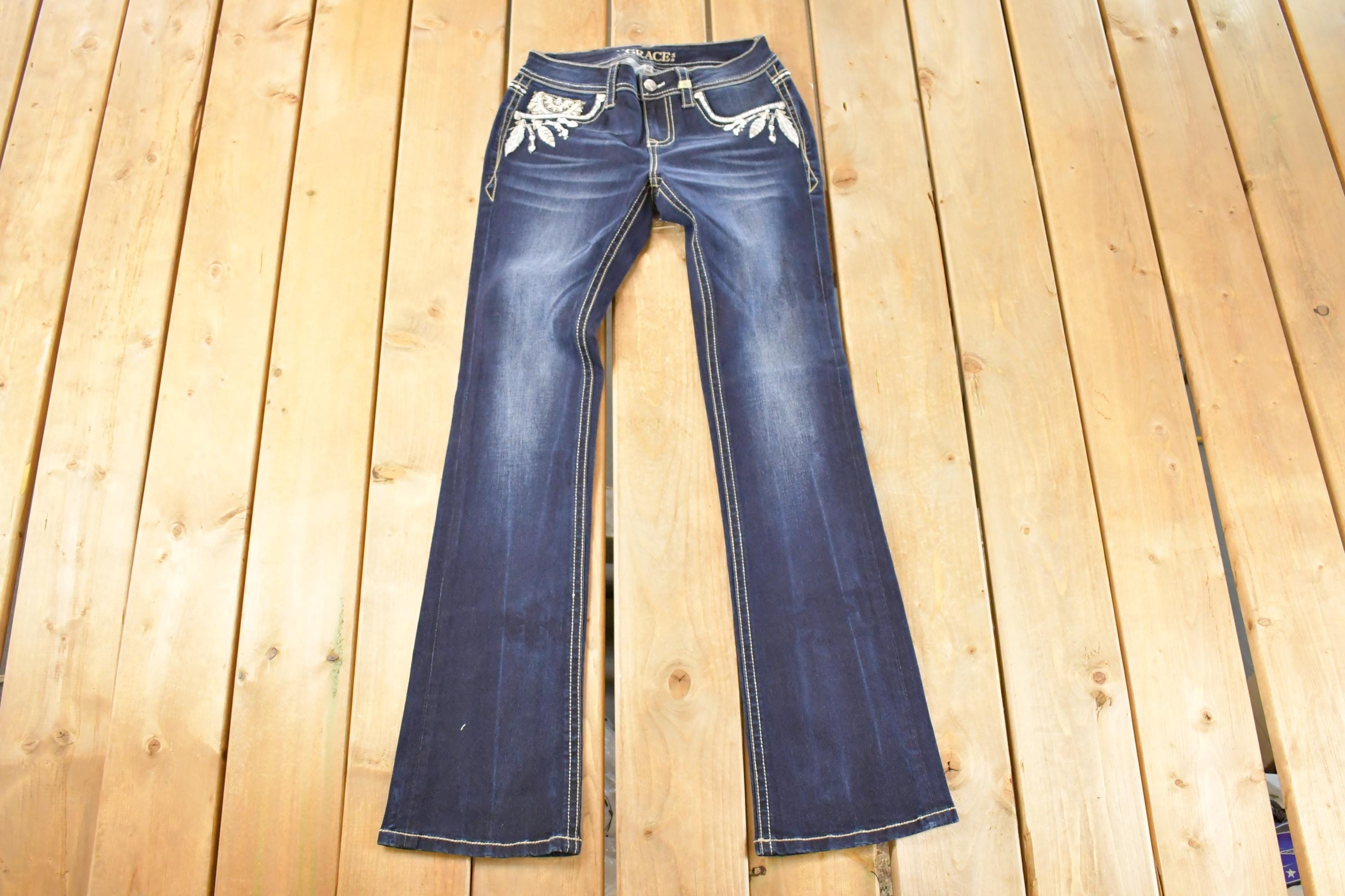 Vintage Deadstock Y2K Grace In LA Bedazzled Bootcut Low Rise Jeans Women's Size 26 x 31