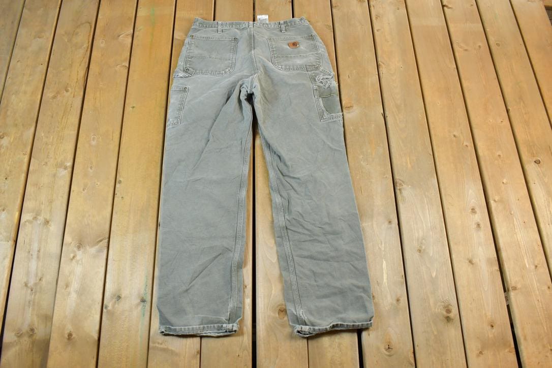 Vintage 1990s Carhartt Double Knee Light Olive Riveted Work Pants Size 33 x 36