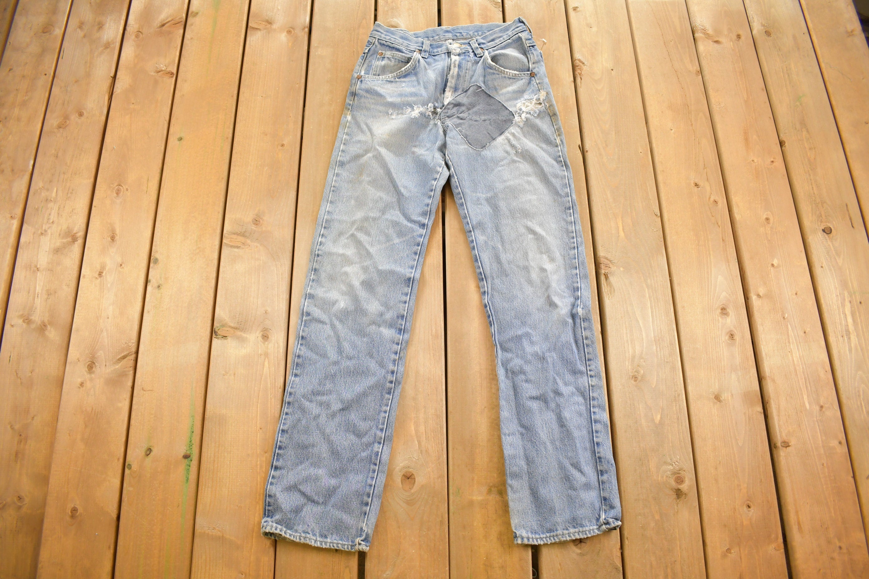 Vintage 1990s Lee Jeans Size 28 x 31.5 Distressed Patchwork