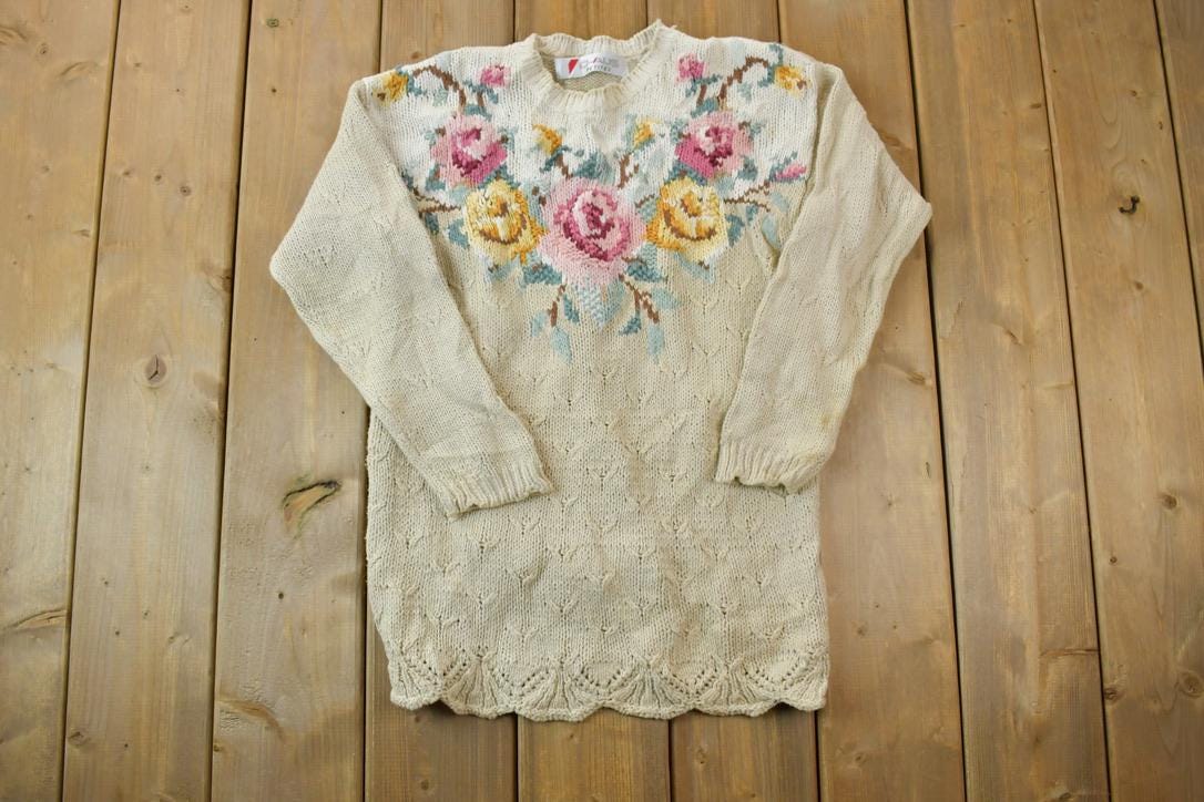 Vintage 1990s Chaus Petites Floral Knit Crewneck Sweater