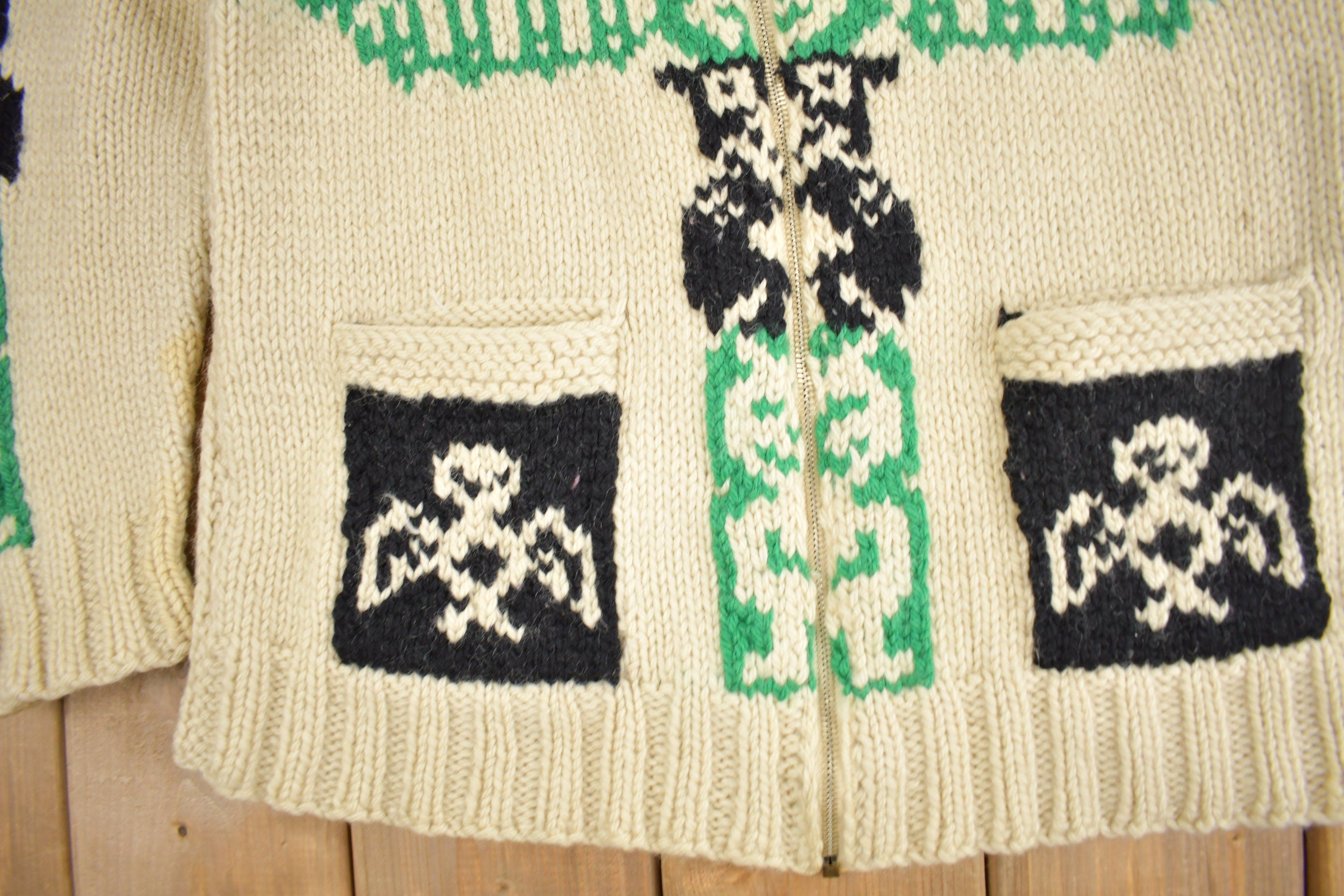 Vintage 1950s Hand-Knit Totem Pole Cowichan Sweater