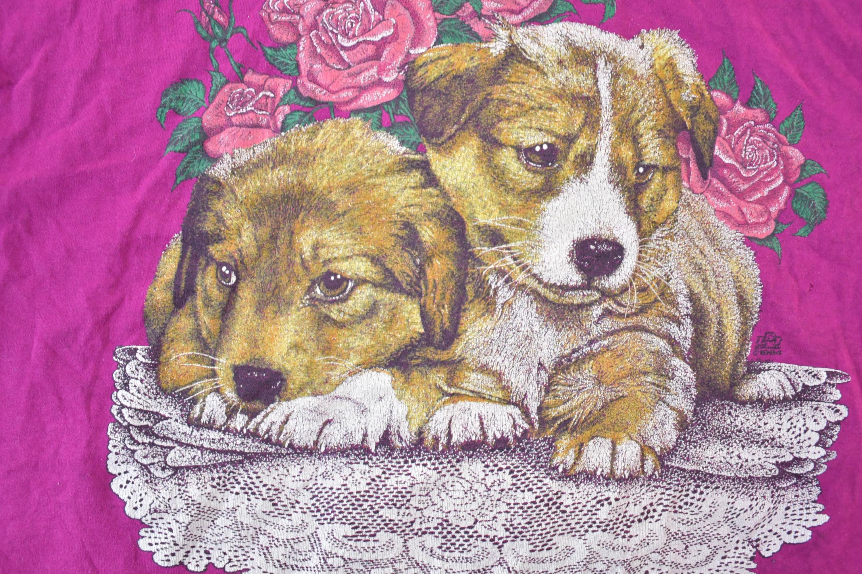 Vintage 1990s Cute Puppy Flower Bunch Souvenir T-Shirt Women's XXL