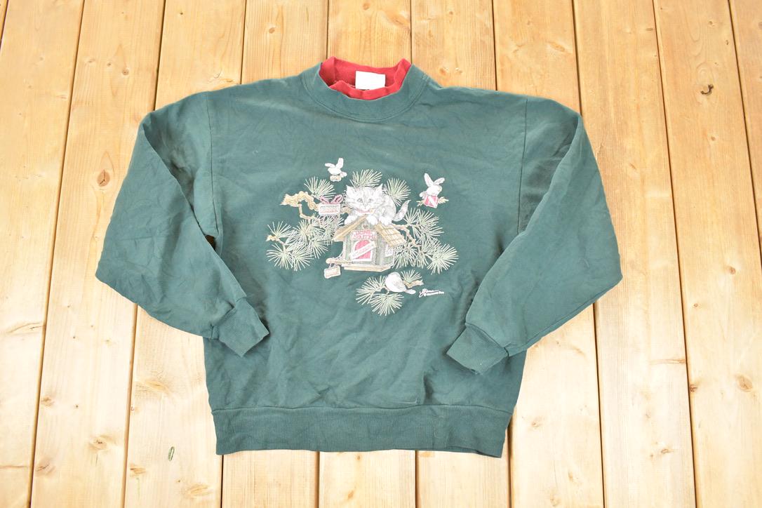 Vintage 1990s Morning Sun Cute Kitty Cat Collared Crewneck Sweatshirt Women's L