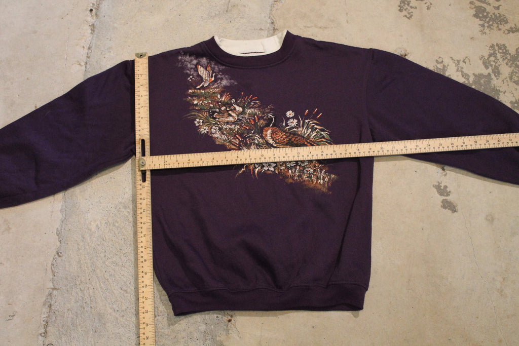 Vintage 1990s Nature Graphic Crewneck Sweater / Vintage Purple Sweatshirt / Animal Print / Wilderness & Outdoors / Basic Editions