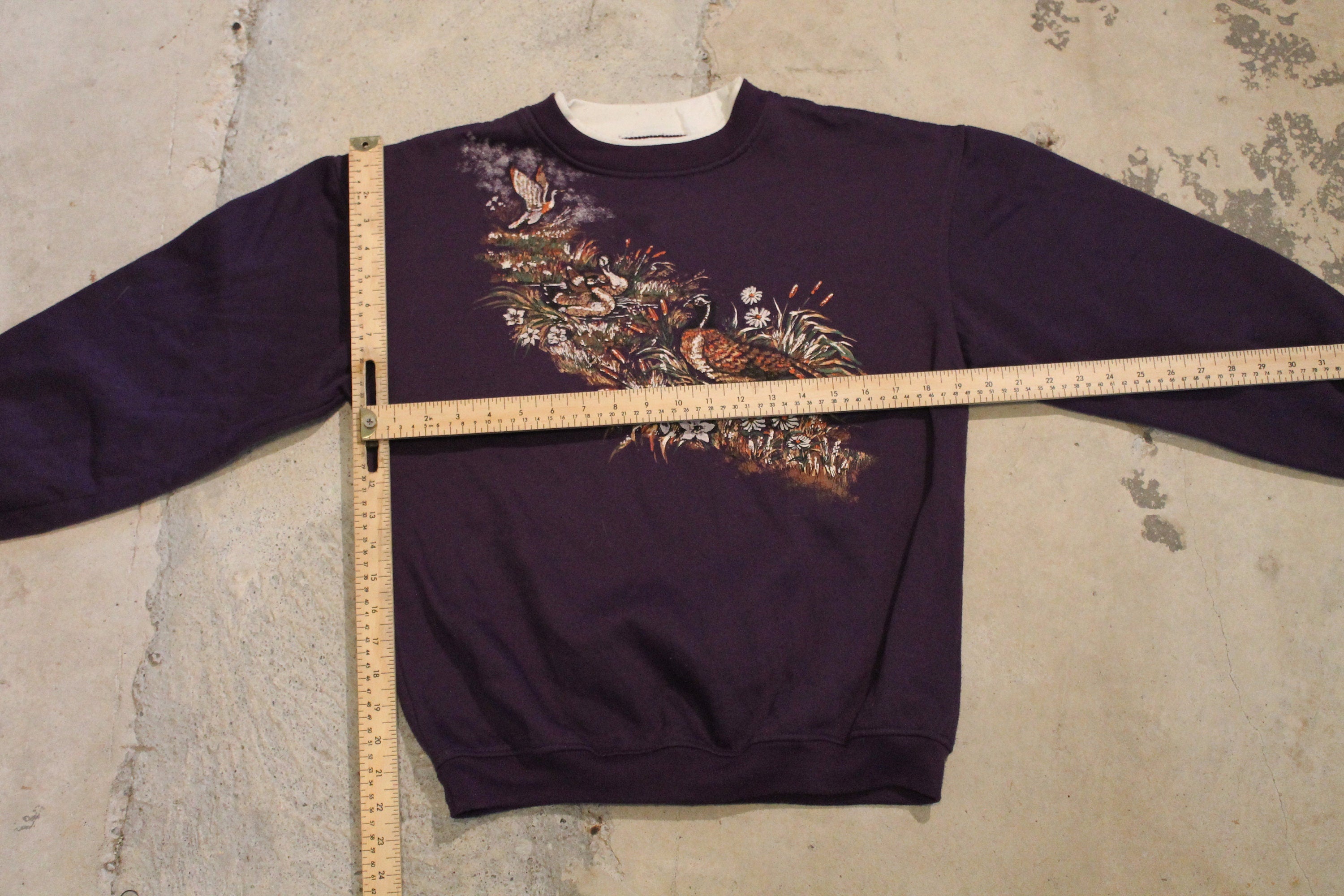 Vintage 1990s Nature Graphic Crewneck Sweater / Vintage Purple Sweatshirt / Animal Print / Wilderness & Outdoors / Basic Editions