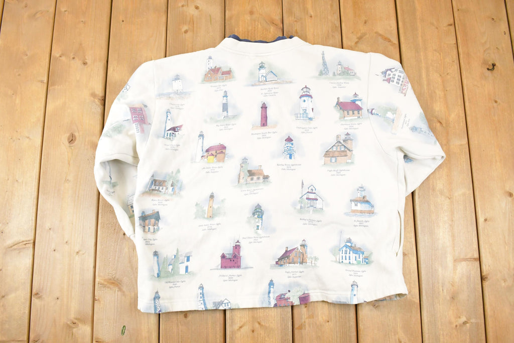 Vintage 1990s Artisans AOP Lighthouse Double Collar Button Up Graphic Print Crewneck Sweatshirt Women's L