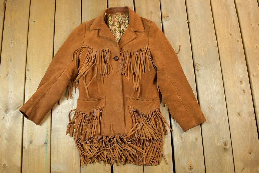 Vintage 1970s Aztec Pioneer Fringe Leather Western Jacket Made In USA