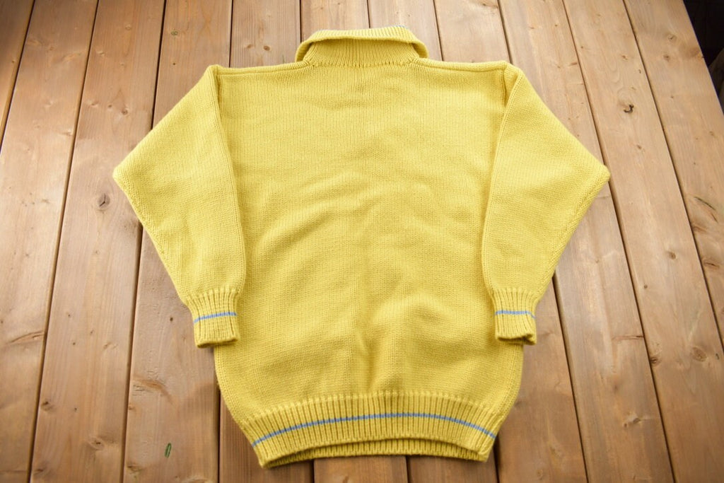 Vintage 1990s Knitted Striped Big Button Sweater / Vintage 90s Yellow Crewneck / Pattern Sweater / Outdoor / Pullover Sweatshirt