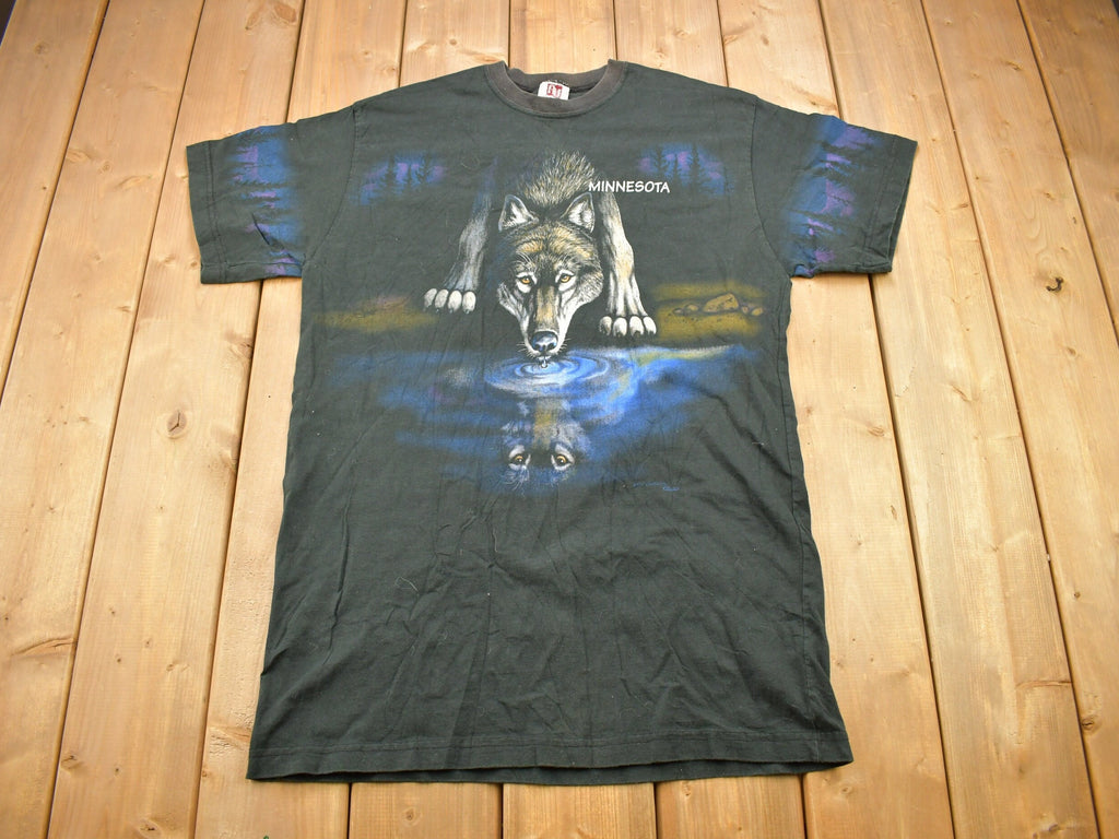 Vintage 1990s Wolf Theme All Over Print Graphic T-Shirt Made In USA