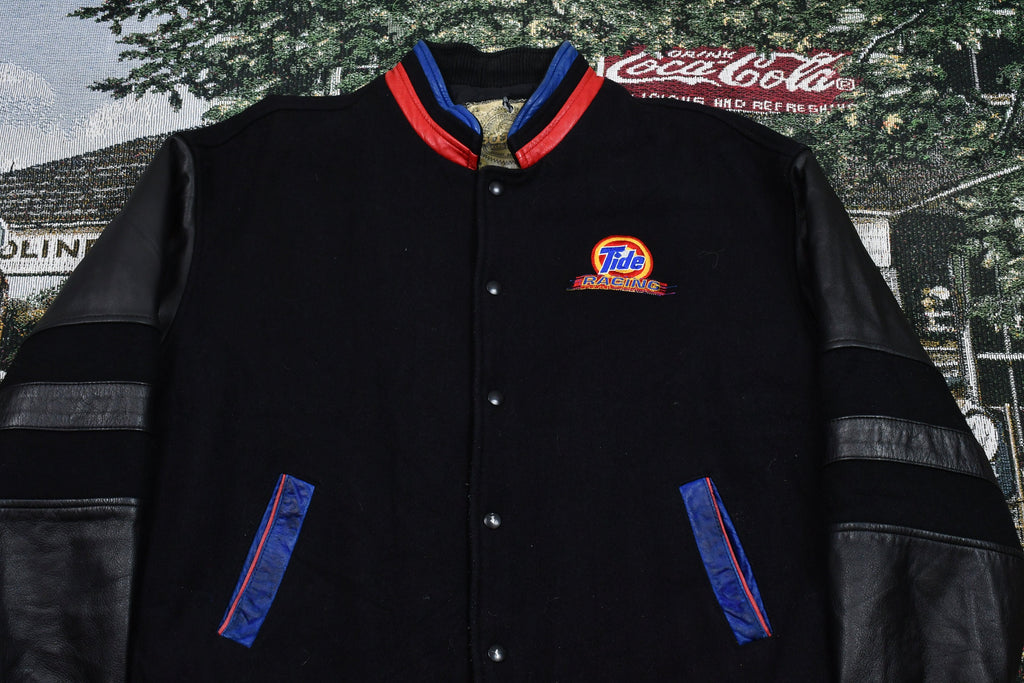 Vintage 1990s Tide Racing Automotive Leather Bomber Jacket  Saxon Leather  Embroidered Logo  Athletic Winter Sportswear  Racing Jacket
