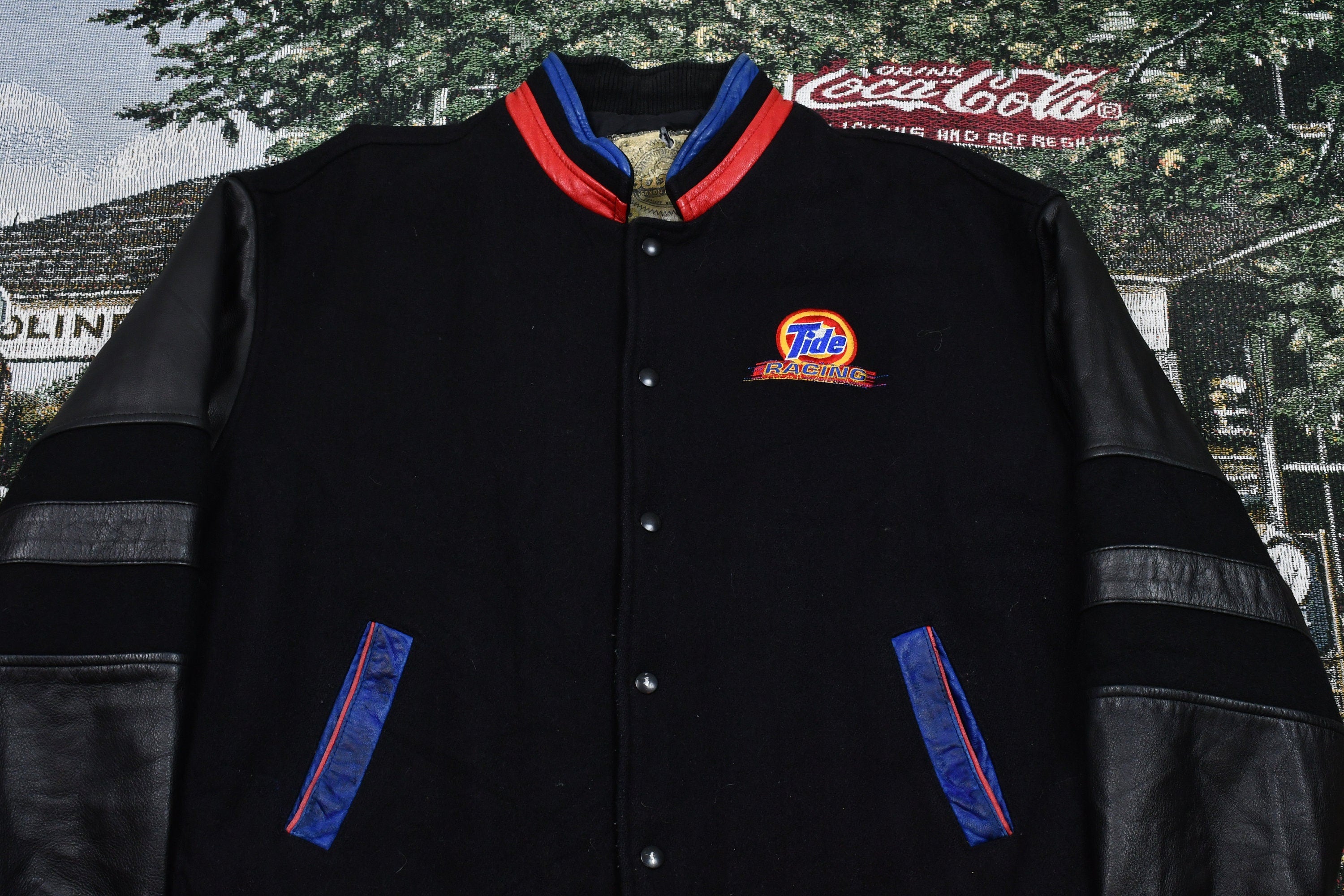 Vintage 1990s Tide Racing Automotive Leather Bomber Jacket  Saxon Leather  Embroidered Logo  Athletic Winter Sportswear  Racing Jacket