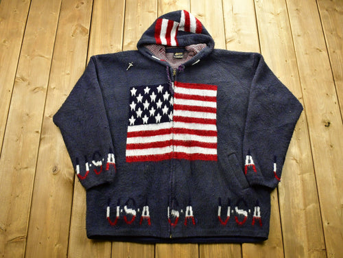 Vintage 90's USA American Flags Wool Knitted Sweater / Vintage 90s Zip Up / Pattern Sweater / Patriotic / Hand Knit / Pullover Sweatshirt