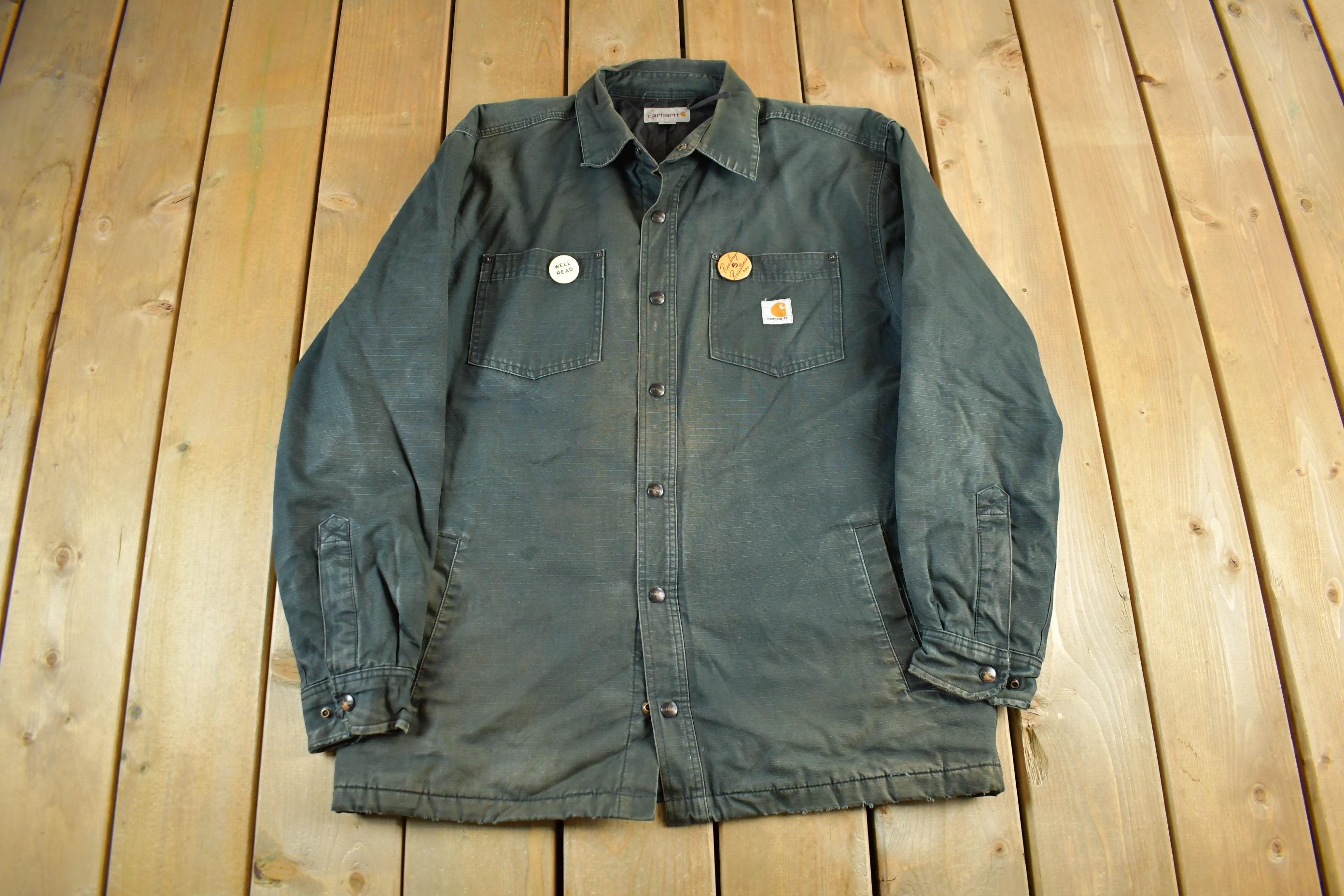 Vintage 1990s Distressed Sun Faded Carhartt Lined Shirt Jacket Men's Large