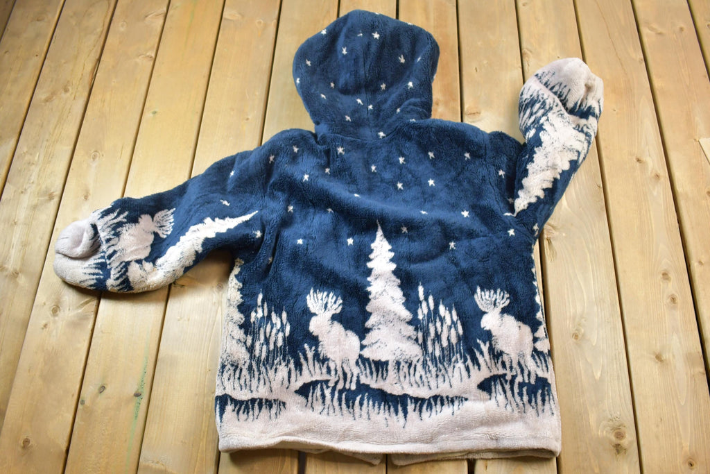 Vintage 1990s Forest Pines Moose Fleece Hoodie Zip Up Sweater