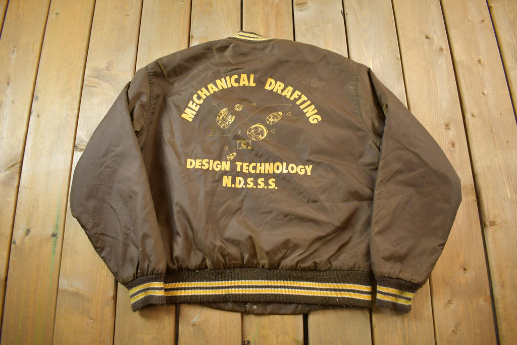 Vintage 1990s Mechanical Drafting Embroidered Snap Button Satin Jacket Made In USA - Large