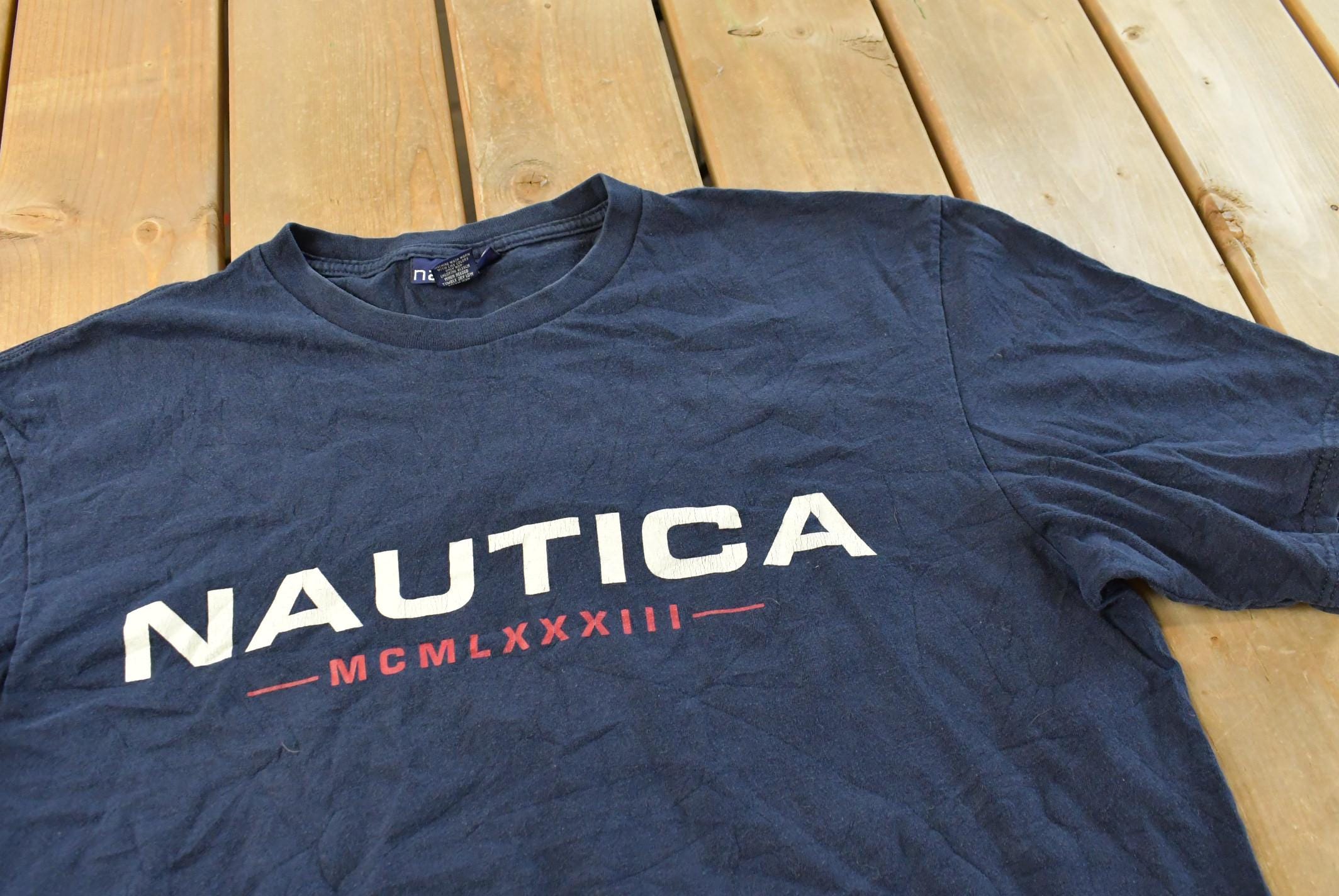 Vintage 1990s Nautica Spellout Graphic T Shirt Men's XL / Big Box Logo Print / 80s / 90s / Streetwear / Preppy / Made In USA