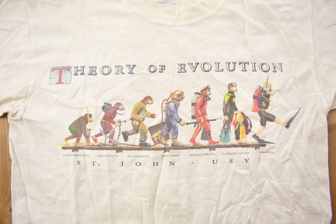 Vintage 1990s Theory Of Evolution Scuba Graphic T Shirt