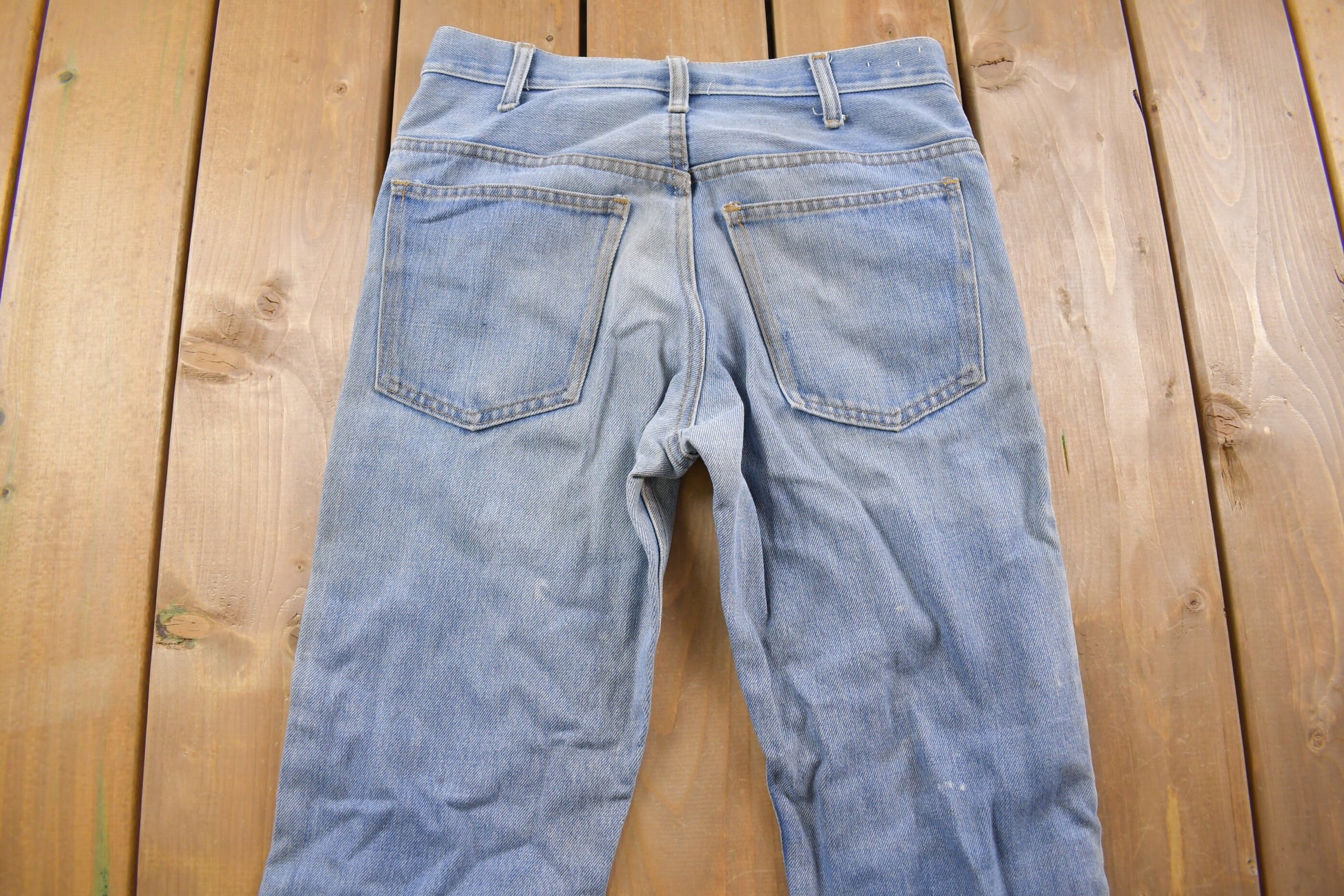 True Vintage 1970's Plain Pocket's Flared Distressed Blue Jeans 30 x 29