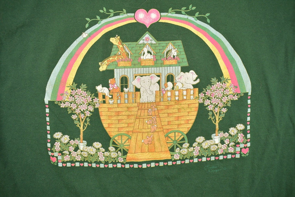 Vintage 1990s Cute Noahs Arc Animal Rainbow Heart Graphic T-Shirt