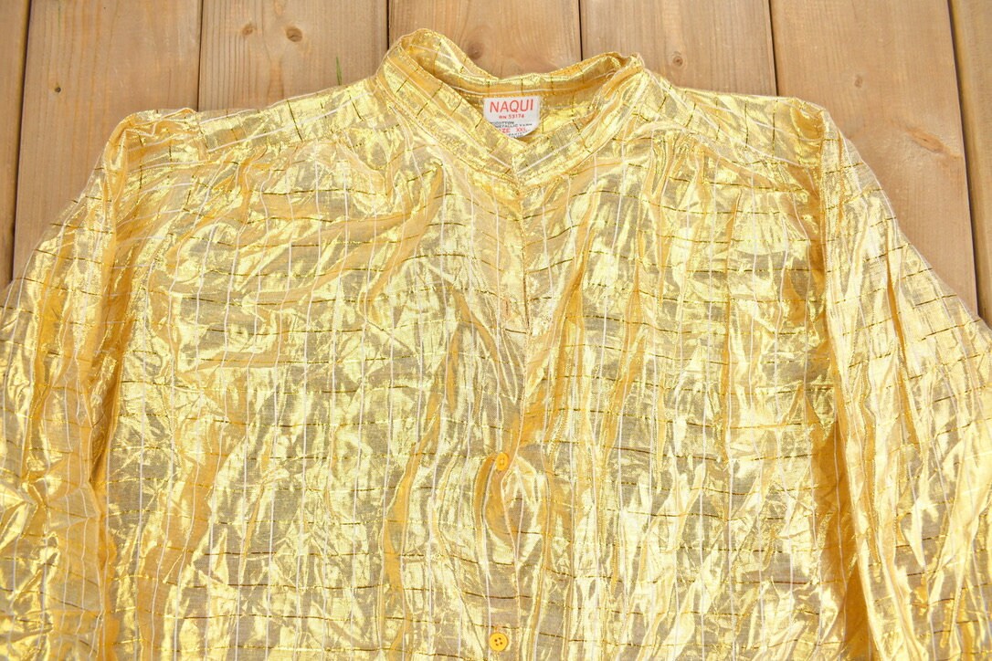 Vintage 1990s Naqui Gold Metallic Button Up Shirt Dress