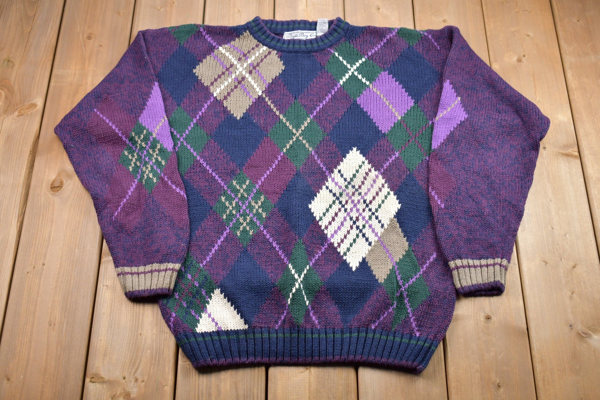 Vintage 1990s Bugle Boy Co Knitted Sweater / Vintage 90s Crewneck / Pattern Sweater / Outdoor / Hand Knit / Pullover Sweatshirt