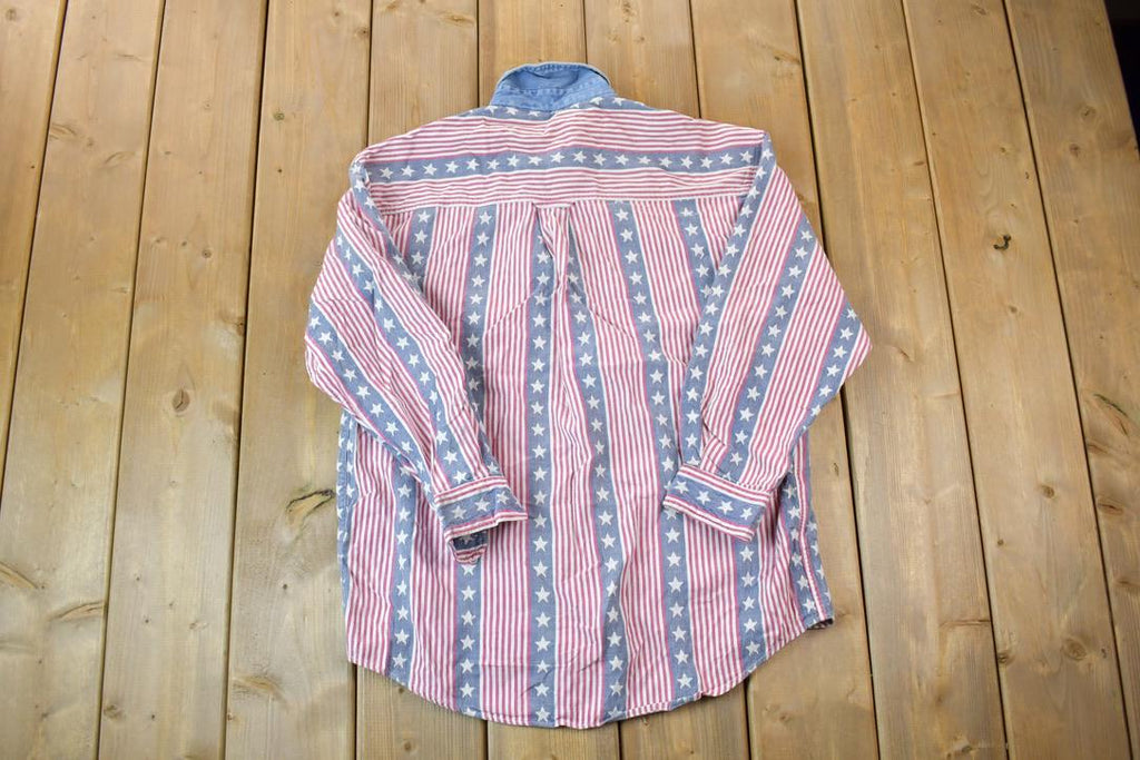 Vintage 1990s Lemon Grass All Over Print American Flag Button Up Shirt / 1990s Button Up / Vintage Flannel / Basic Button Up