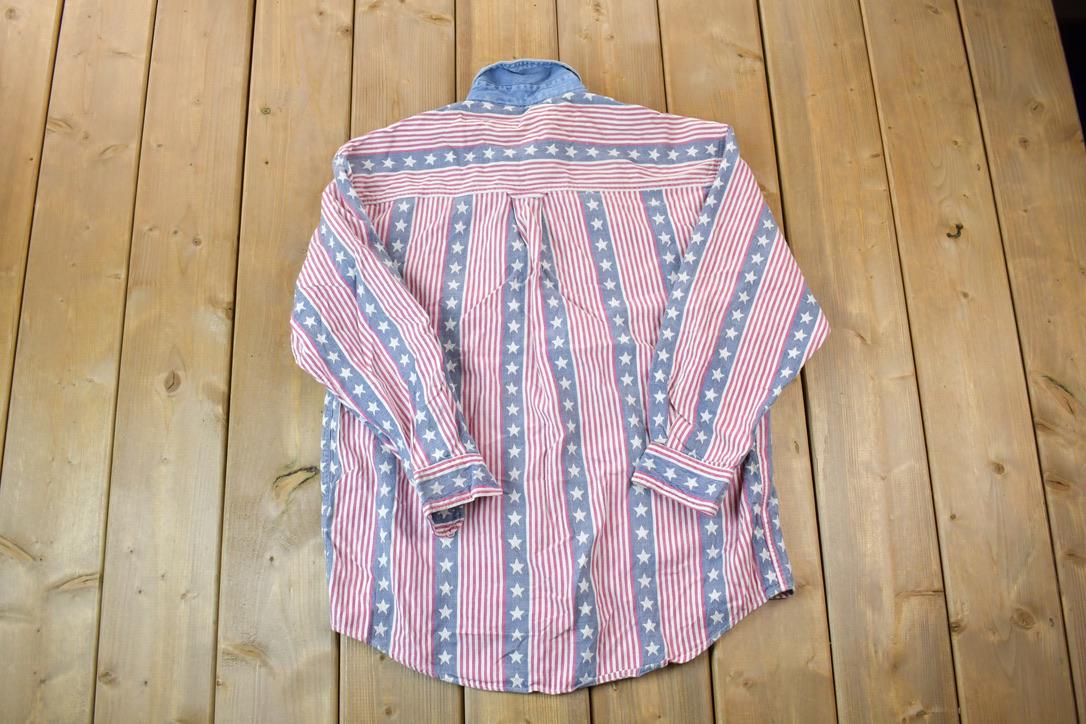 Vintage 1990s Lemon Grass All Over Print American Flag Button Up Shirt / 1990s Button Up / Vintage Flannel / Basic Button Up