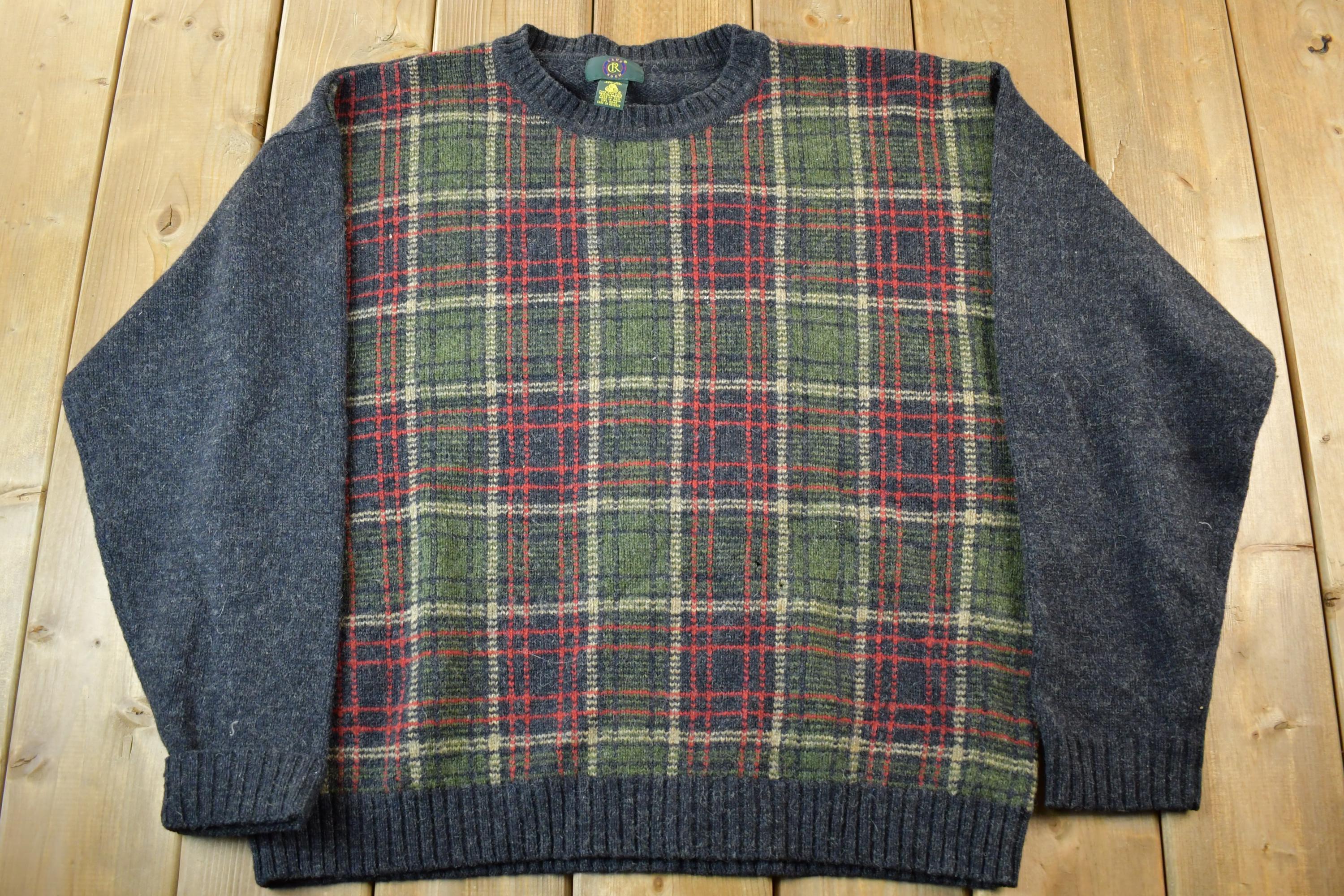 Vintage 1990s Club Room Wool Knitted Plaid's Crewneck Sweater Adult XL