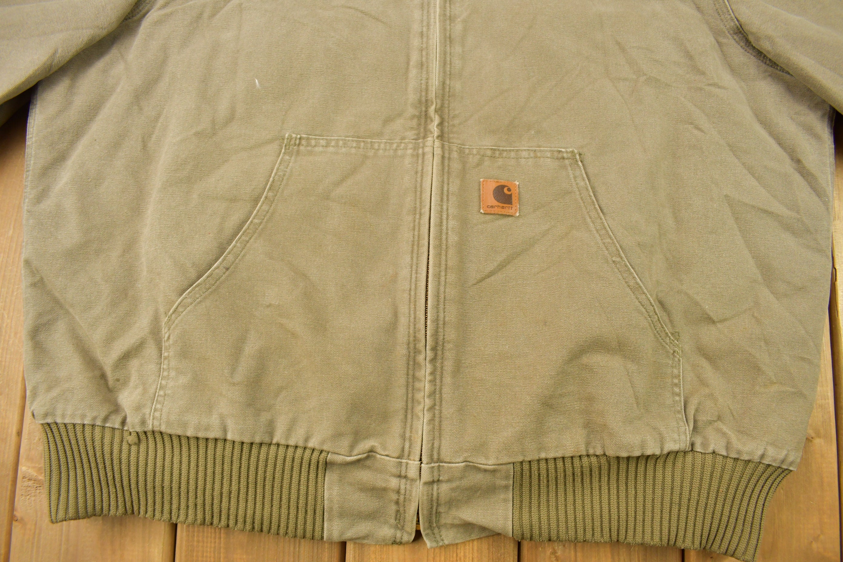 Vintage 1990s Carhartt Olive Green Hooded Cinched Active Jac Work Jacket