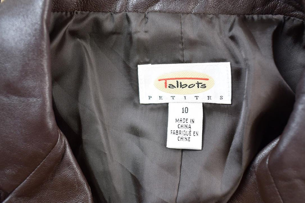 Vintage 1990s Talbots Brown Leather Collared Bomber Jacket Made In USA