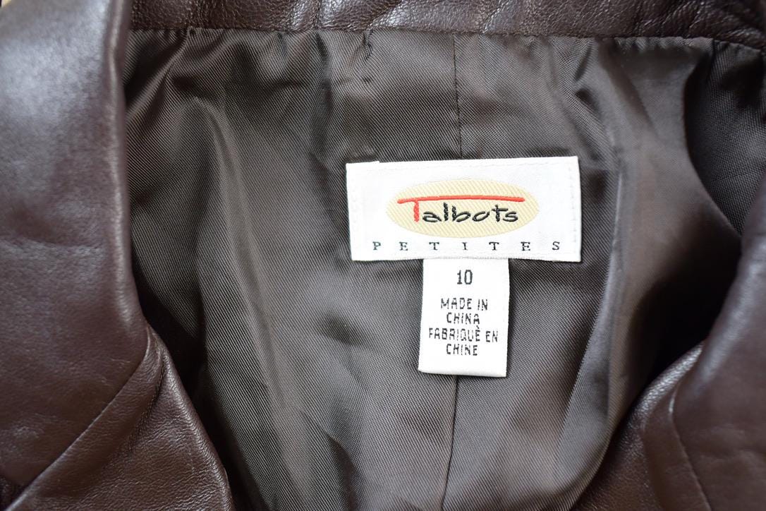 Vintage 1990s Talbots Brown Leather Collared Bomber Jacket Made In USA