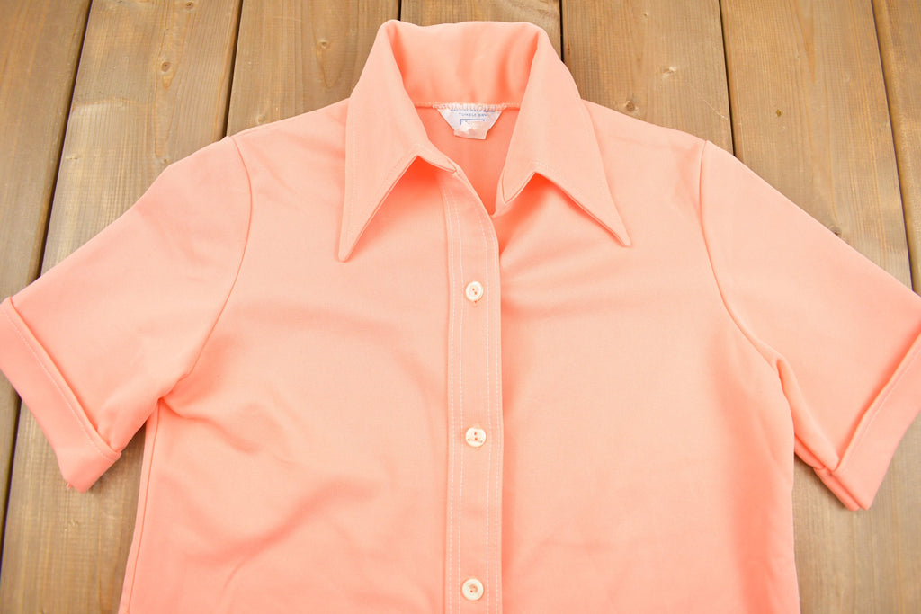 Vintage 1980s Blank Pink Womens Button Up Short Sleeve Shirt