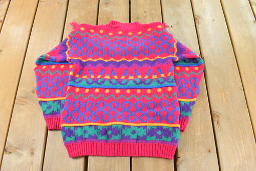 Vintage 1990s Mount Snow Abstract Knit Crewneck Sweater Youth L / Fringe Tassels Knitted Sweatshirt / Made in USA
