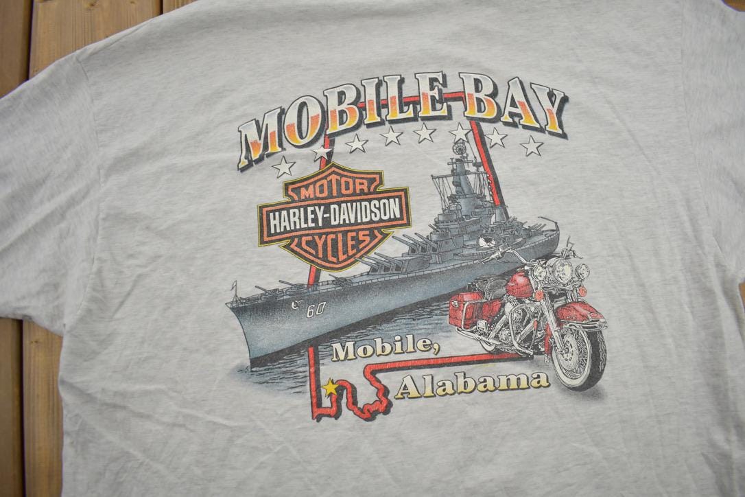 Vintage 1990s Mobile Bay Harley Davidson Motorcycles Alabama Graphic T-Shirt / Made In USA / XXL / Pocket Tee