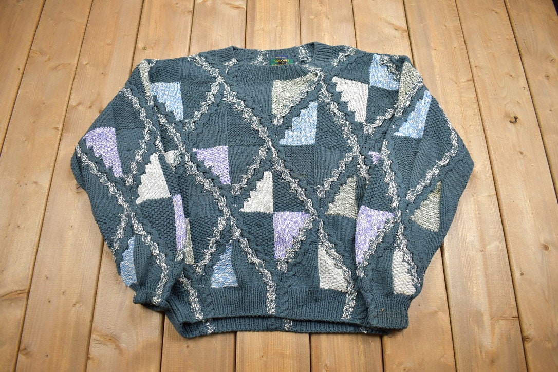 Vintage 1990s 3D Colored Hand Knit Crewneck Sweater / Vintage 90s Crewneck / Abstract Patterns / Streetwear