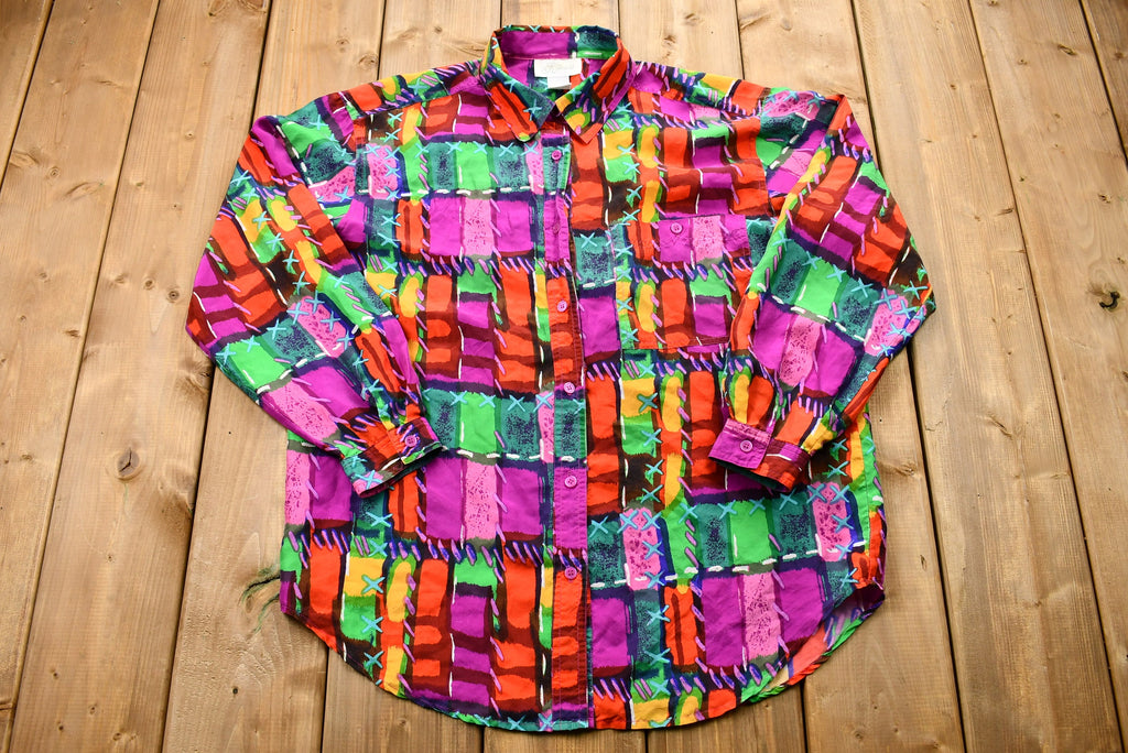 Vintage 1990s Geometric Rainbow 100% Silk Button-Up Blouse
