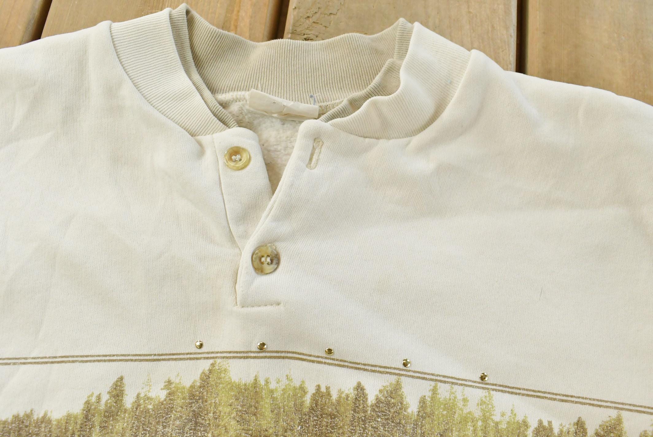 Vintage 1990's Forest Print Henley Sweatshirt – All Over Nature Wildlife Trees