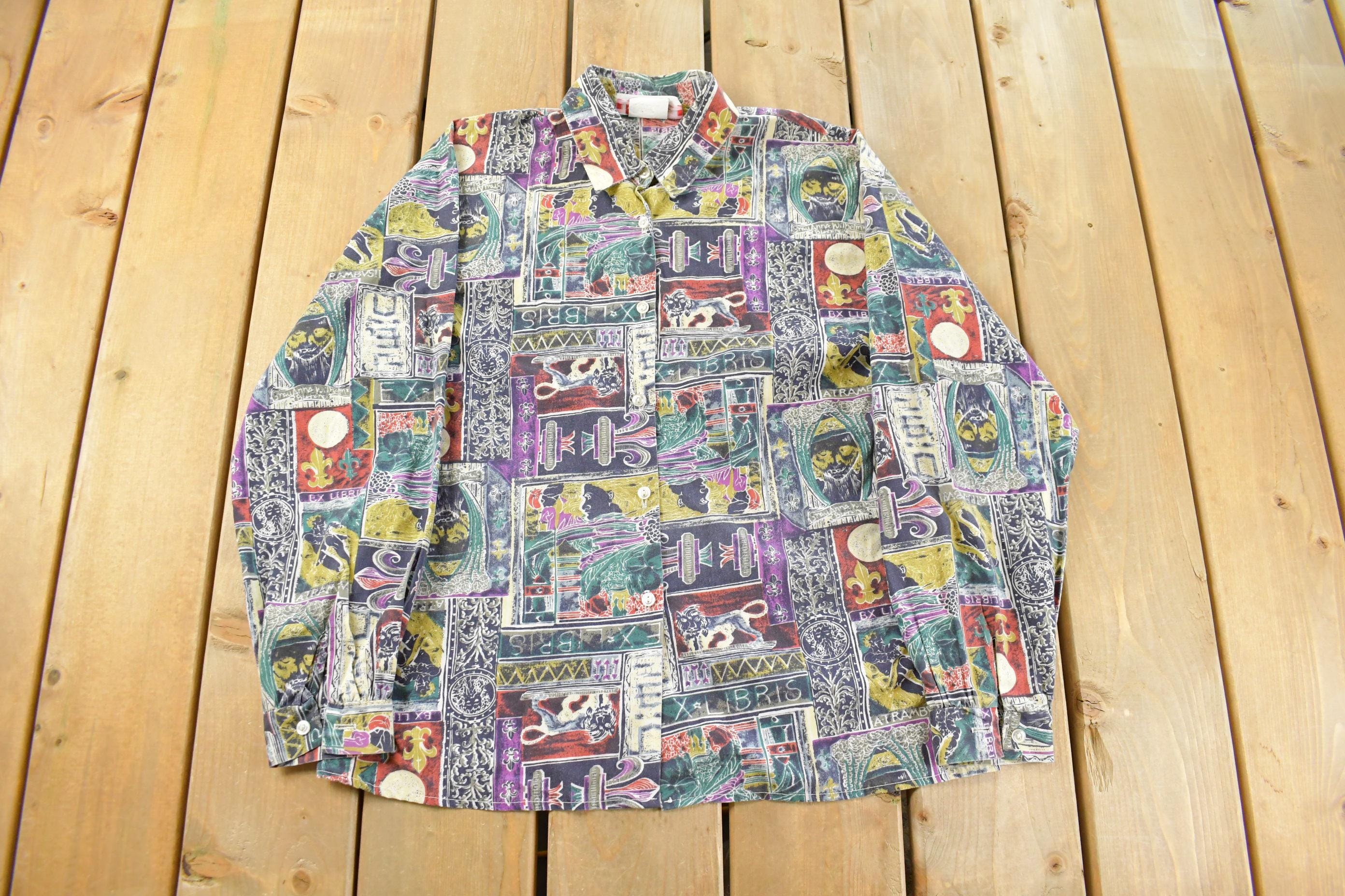 Vintage 1980s Functionals All Over Print Abstract Button Up Shirt Women's M